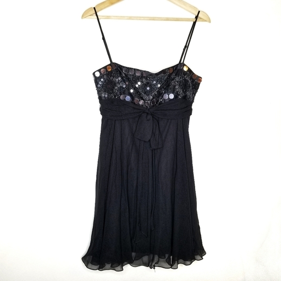 BCBGMaxAzria Silk Dress‎ Mini Chiffon Bead Sequins Cocktail Little Black Women 6 - Picture 2 of 14